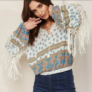 FREE PEOPLE Macra Maze Me Ivory Combo Tassel Fringe long sleeve lace Top Size M